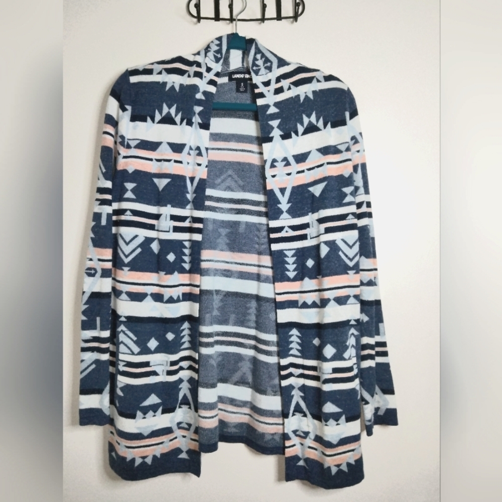 Lands' End (Size S) Multicolored Tribal Artsy Pattern LS Open Sweater Cardigan